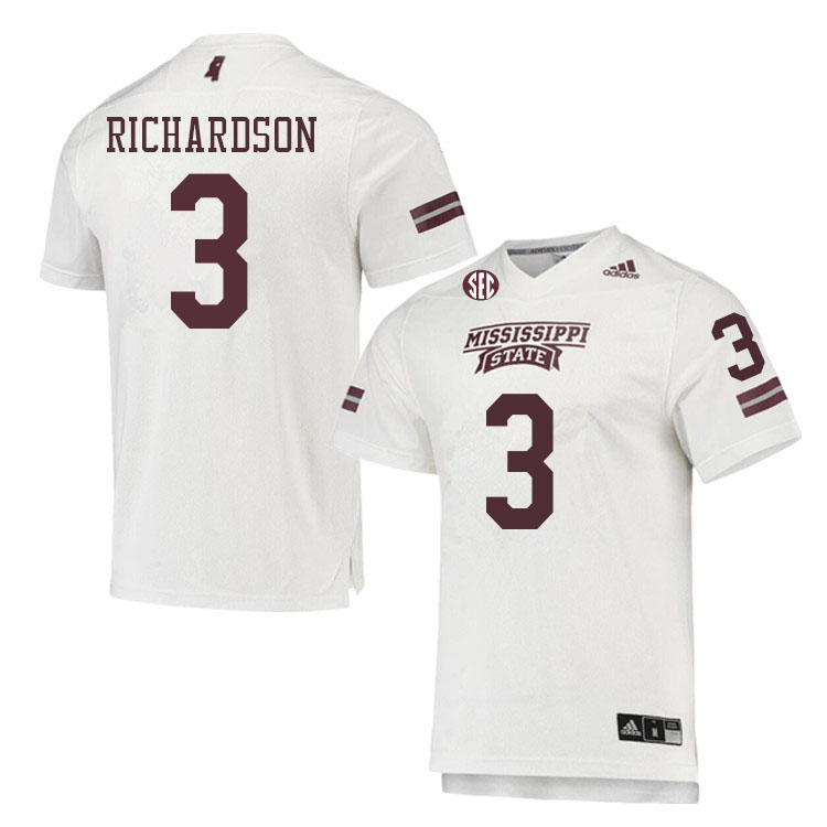 Men #3 Decamerion Richardson Mississippi State Bulldogs College Football Jerseys Sale-White - Click Image to Close